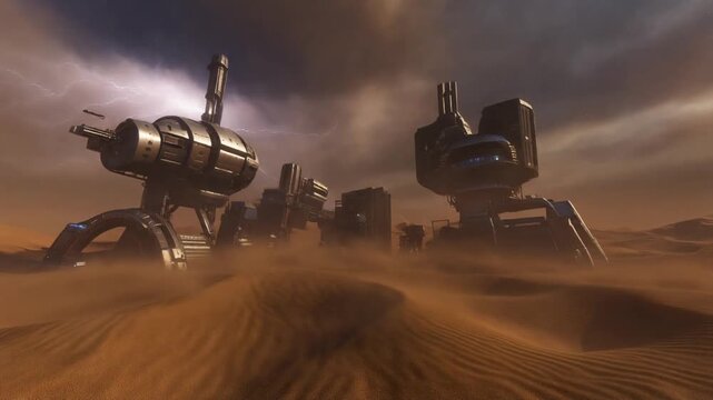 Large futuristic weapon emplacements stand guard in a dusty desert landscape