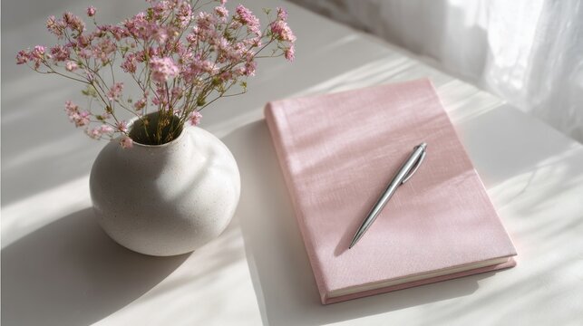 Pink notebook and pen on white table with vase and flowers