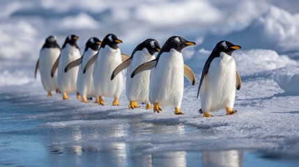 Fototapeta premium Penguins walking on ice day