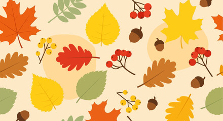 Vibrant autumn leaves and foliage pattern with acorns and berries.
