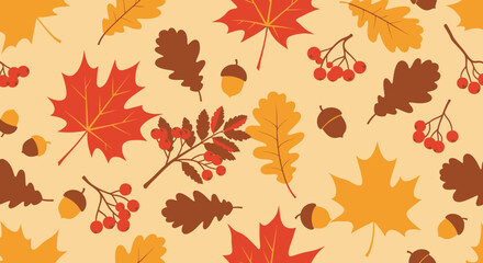 Fototapeta premium Vibrant autumn leaves and berries seamless pattern on warm beige background.