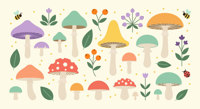 Colorful illustration of various mushrooms and flowers in a whimsical style.