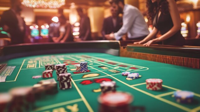 A high-angle view of a luxurious casino interior, showcasing a craps table surrounded by an enthusiastic group of players. The table's vibrant green felt is meticulously detailed, featuring the