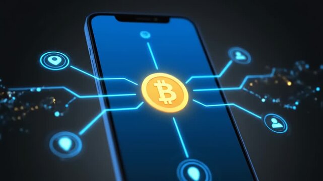 Bitcoin on Smartphone Screen with Network Connections.