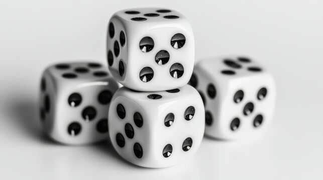 A high-resolution still life image of five black-and-white dice positioned in a pyramid formation on a seamless white background, capturing the fine texture of the dice faces and the intricate play