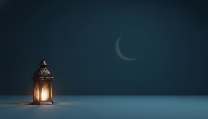 Glowing lantern under crescent moon on dark blue background