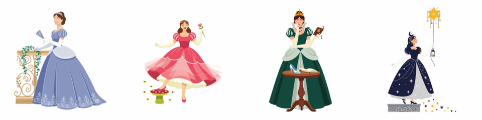 Collection of Fairytale Princesses and Enchanted Characters, showcasing iconic fantasy figures with magical elements and elegant gowns, perfect for children's stories. © Reno