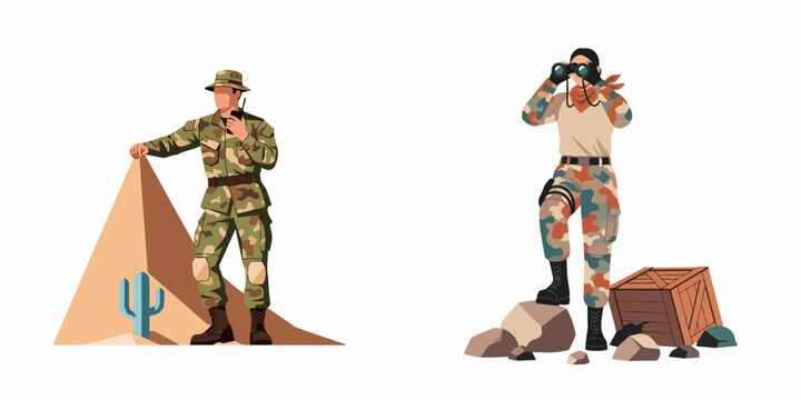 Military Personnel in Desert Environment: A male soldier with walkie-talkie and a female soldier with binoculars, depicting desert operations and reconnaissance.