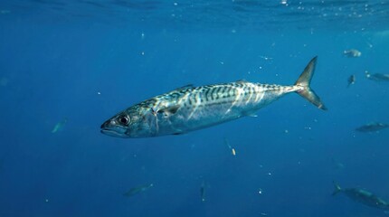 Fototapeta premium Spanish Mackerel Fish Swimming Underwater in Clear Blue Ocean, Marine Life, Wildlife
