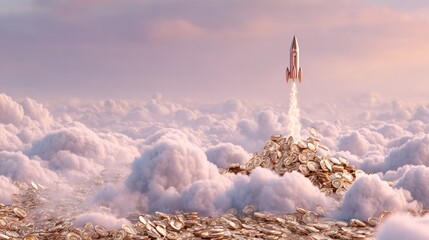 Rocket launch above coins and clouds symbolizing success and financial growth