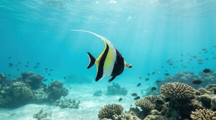 Obraz premium Black and yellow striped angelfish swimming over vibrant coral reef in clear turquoise ocean water, tropical marine life scene
