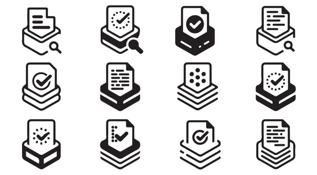 Document management icon set. flat style document with check mark and search sign