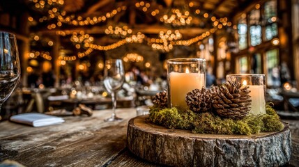 Rustic table setting with candles and pine cones in a cozy interior