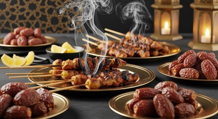 Obraz premium A table set with a variety of food items, including skewered meat and dates, with a warm glow from lanterns in the background.