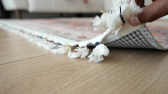 Close up of hand lifting corner of traditional patterned rug with tassels on wood floor