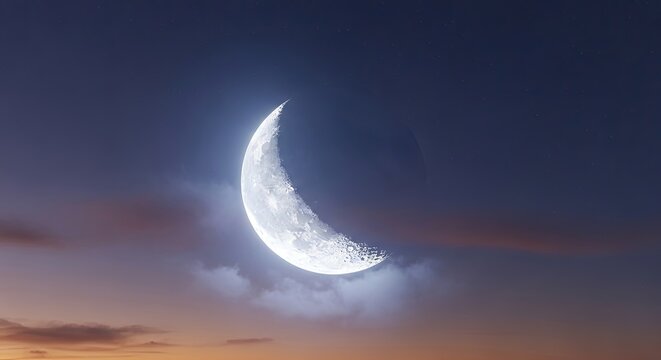A crescent moon with a dark sky and clouds in the background.