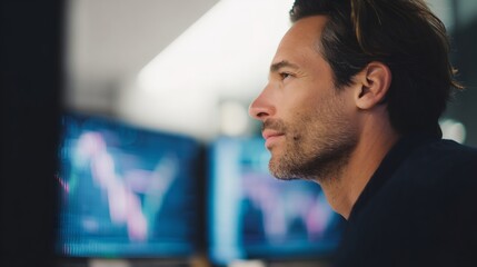 Man is sitting in front of two computer monitors