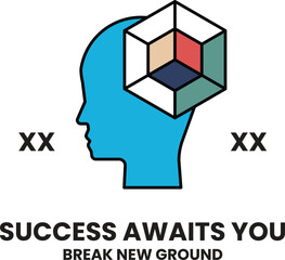 A black and white image of a head with a cube on it