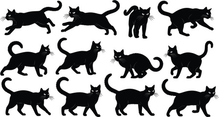 Black cat silhouettes collection vector illustration, walking and jumping feline poses isolated on white background Halloween design set © Mojahid