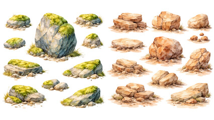A charming watercolor collection of moss-covered rocks, including rugged boulders, layered stone slabs, and soft green grassy accents. © liana