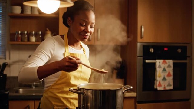 Woman Cooking in Kitchen with Steam Rising.