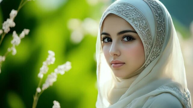 Serene Reflection: A portrait of a woman of faith, gracefully draped in a headscarf, finds tranquility amidst the gentle embrace of nature and soft sunshine.