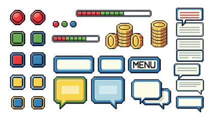 Pixel Art Game UI Set, Retro 8-bit Style Menu Buttons, Chat Bubbles, Gold Coins, and Progress Bars, Vintage Video Game Interface Elements Isolated on White Background