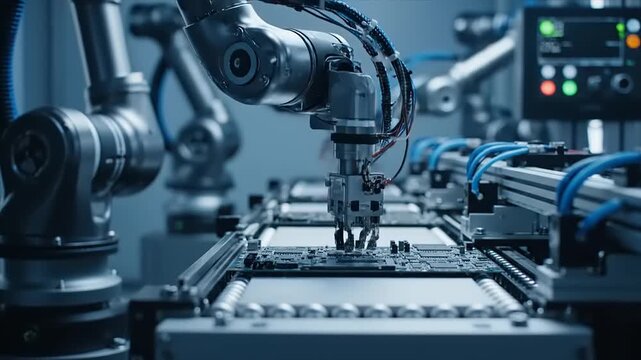 Industrial Robot Arms in Manufacturing Facility.