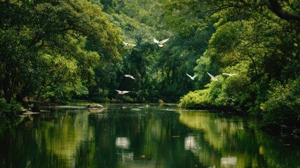 Obraz premium Birds flying over a calm river in a forest