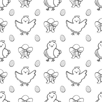 Easter seamless pattern with chik and dyed eggs vector graphic illustration. Whimsical hand drawn animals doodle background for Happy Easter designs. Template for spring holiday textiles, packaging.