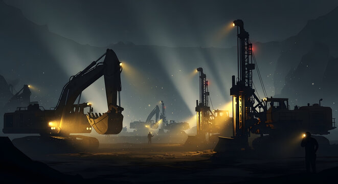 Nighttime mining operation with heavy machinery and workers