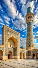 Fototapeta premium A photo of a Kalyan mosque in Bukhara, Uzbekistan, featuring intricate tile work and minarets against a blue sky with white clouds