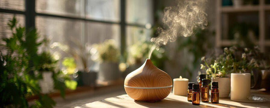 Wooden aromatherapy diffuser with steam and essential oil bottles on sunlit windowsill in cozy indoor setting