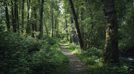 Obraz premium Forest path through lush green trees on a sunny day