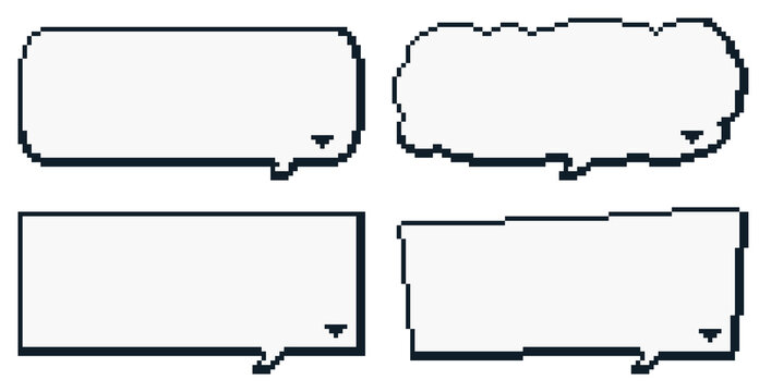 8-bit pixel art simple black and white speech bubble dialogue set