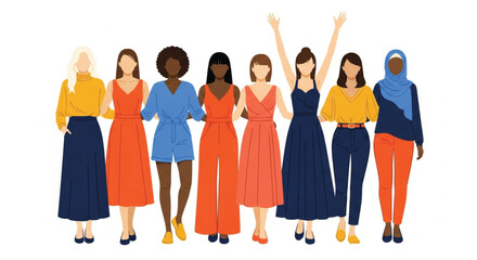 Fototapeta premium Diverse group of women standing together vector illustration of multiethnic female friends in modern stylish outfits