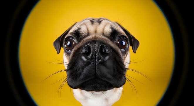 Adorable pug dog with big eyes looking directly into the camera on a bright yellow background