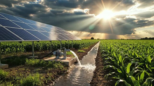 Agricultural Solar Power Irrigation System Pumping Water To Crops Under Golden Sunset Rays