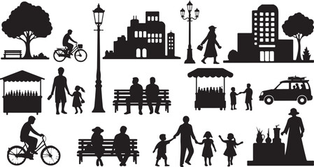 Obraz premium Urban Park Silhouettes of People and City Landscapes
