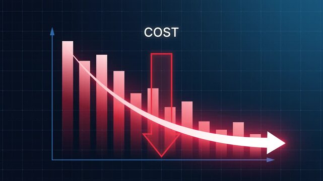 Business concept animation by reducing cost. Red bar chart with downward arrow showing cost reduction. Successful business strategy, efficiency, product optimization and management