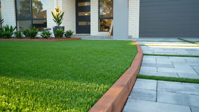 Beautifully Landscaped Modern Home With Lush Green Artificial Turf And Gray Paved Driveway Sunny Day