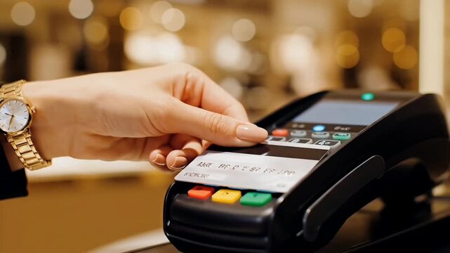 A person's hand, adorned with a gold watch, inserts a credit card into a payment terminal during a retail transaction, highlighting modern commerce.