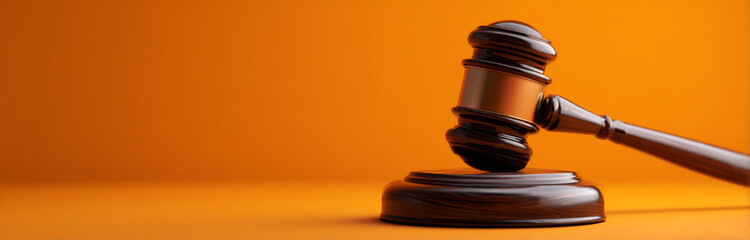 Obraz premium Wooden gavel with a smooth polished surface and cylindrical handle resting on a matching circular sound block, set against a vibrant orange background