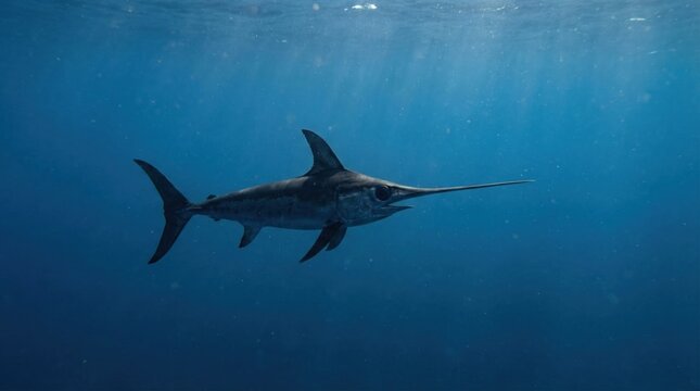 Sleek silver sailfish swimming gracefully in deep blue ocean waters, underwater marine life scene, vibrant aquatic ecosystem