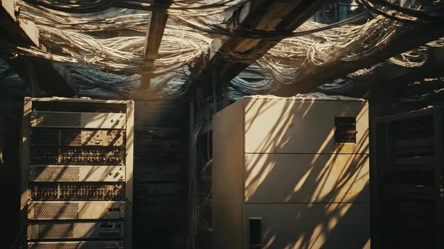 Server racks and messy wires in abandoned technology data center room facility.