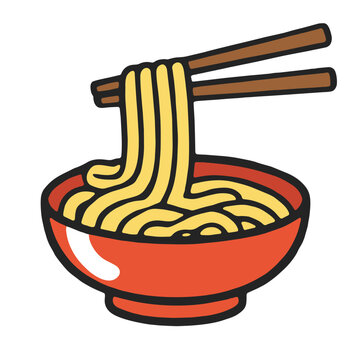 Noodle bowl, chopsticks, Asian food, cartoon, red bowl, simple style, comfort meal