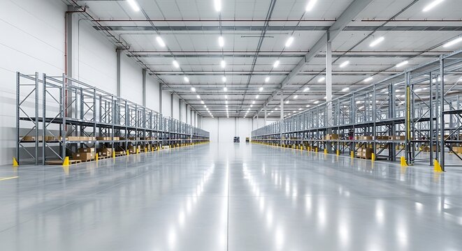 Vast empty industrial warehouse interior featuring long rows of tall metal storage racking systems reflecting bright overhead fluorescent lighting on the polished concrete floor.