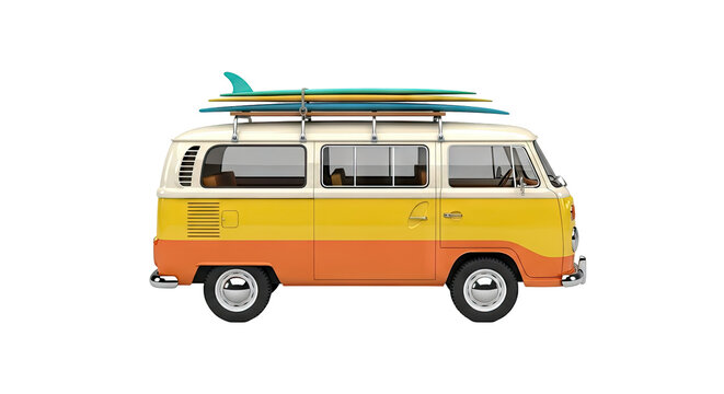 Vintage Camper Van with Surfboards on Roof Rack