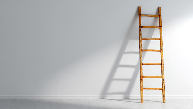 Wooden ladder with natural finish leaning against a plain white wall in a minimalistic indoor setting