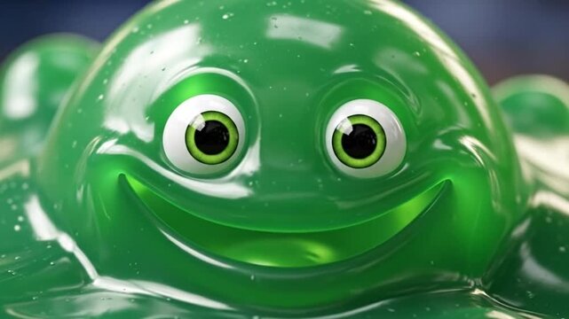Close up view of a translucent green amphibian shaped object with large friendly eyes and a wide smile